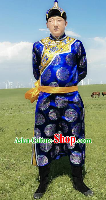 Chinese Mongol Nationality Ethnic Costume Royalblue Mongolian Robe, Traditional Mongolian Folk Dance Clothing for Men