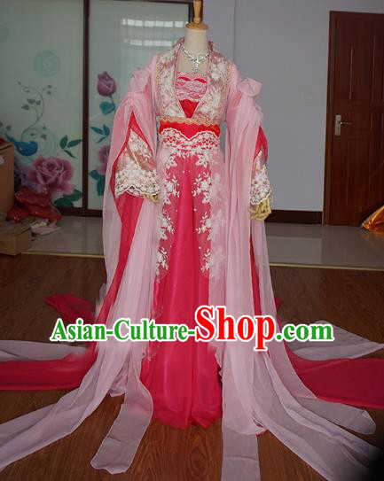 Chinese Ancient Cosplay Fairy Princess Costume Tang Dynasty Swordswoman Pink Hanfu Dress for Women