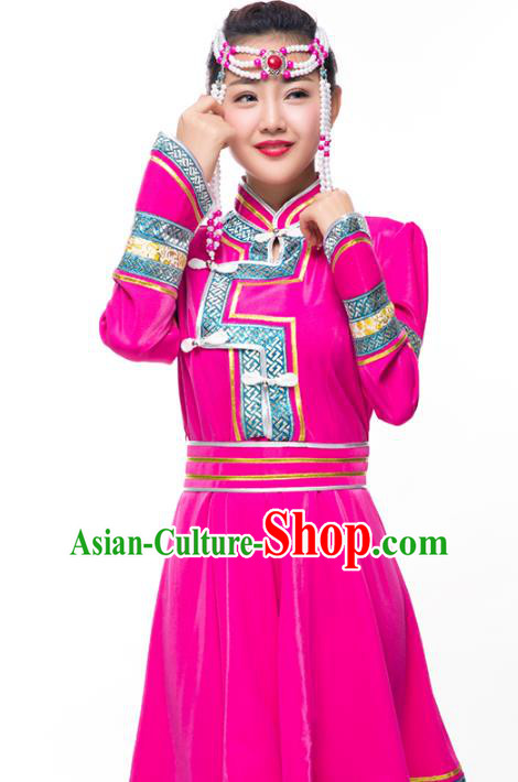 Chinese Traditional Female Ethnic Costume, Mongolian Minority Folk Dance Rosy Dress for Women