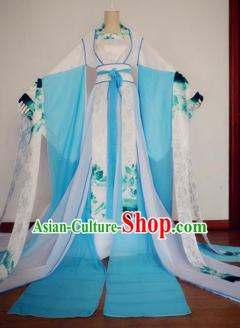 Chinese Ancient Cosplay Fairy Costume Tang Dynasty Imperial Princess Blue Hanfu Dress for Women