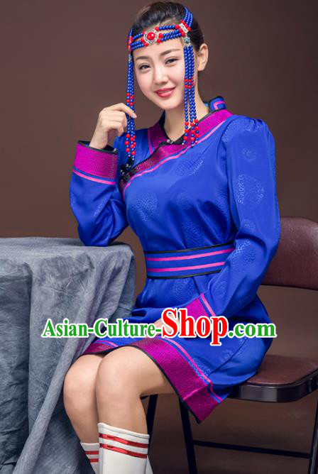 Chinese Traditional Female Ethnic Costume, China Mongolian Minority Folk Dance Royalblue Dress for Women