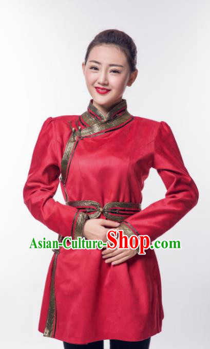 Chinese Traditional Female Red Suede Fabric Ethnic Costume, China Mongolian Minority Folk Dance Clothing for Women