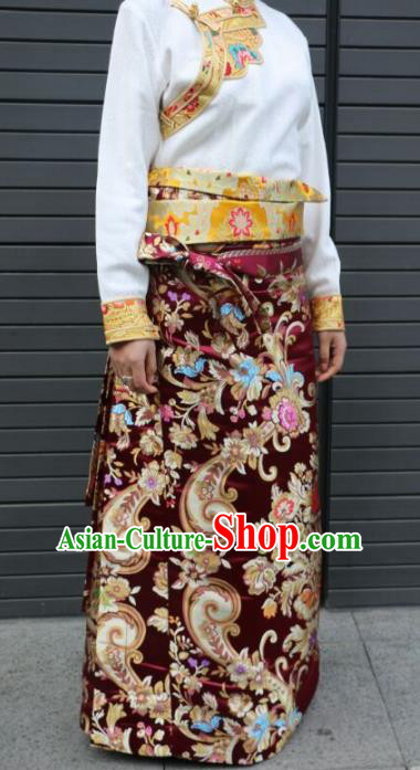 Chinese Traditional Minority Dance Costume Zang Nationality Tibetan Minority Purplish Red Skirt for Women