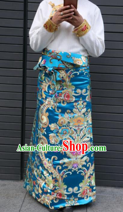 Chinese Traditional Minority Dance Costume Zang Nationality Tibetan Minority Blue Skirt for Women