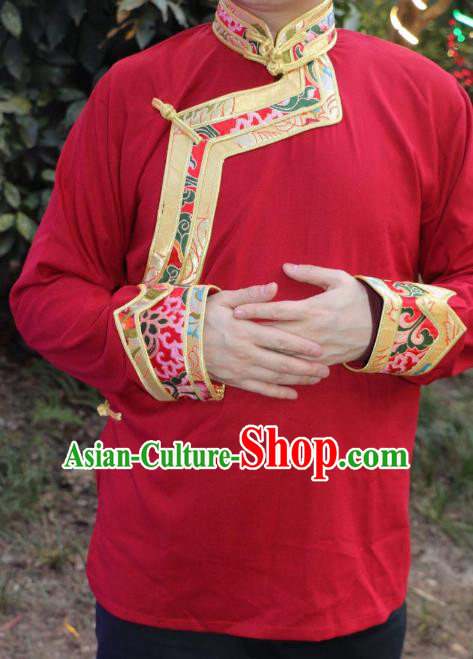 Chinese Traditional Tibetan Minority Dance Costume Zang Nationality Red Shirt for Men