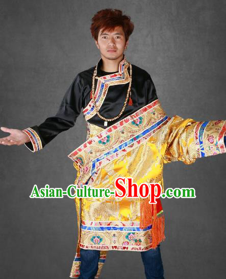 Chinese Traditional Tibetan Minority Dance Costume Zang Nationality Golden Brocade Tibetan Robe for Men