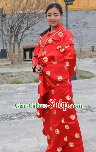 Chinese Traditional Minority Wedding Costume Red Satin Tibetan Robe Zang Nationality Clothing for Women