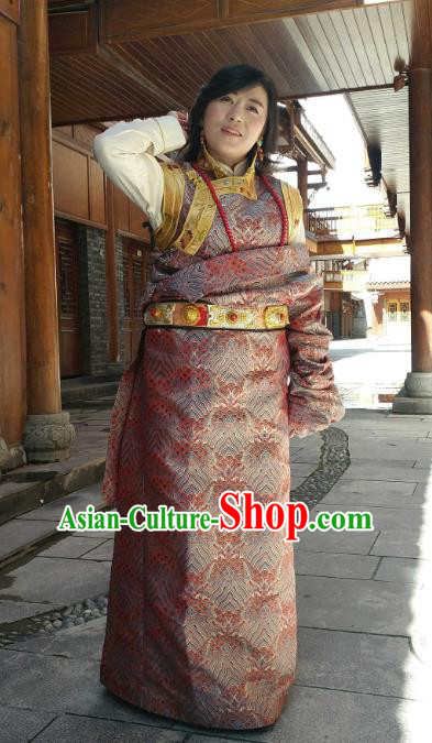 Chinese Traditional Minority Wedding Costume Tibetan Red Brocade Zang Nationality Clothing for Women