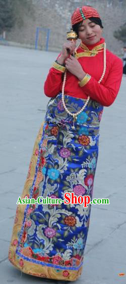 Chinese Traditional Minority Costume Tibetan Royalblue Brocade Skirt Zang Nationality Clothing for Women