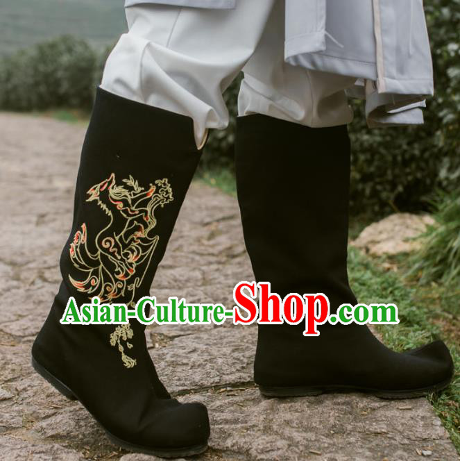 Chinese Traditional Black Cloth Shoes Ancient Swordsman Hanfu Embroidered Boots for Men