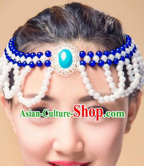 Chinese Traditional Mongol Ethnic Hair Accessories, Mongolian Minority Folk Dance White Beads Tassel Headwear for Women