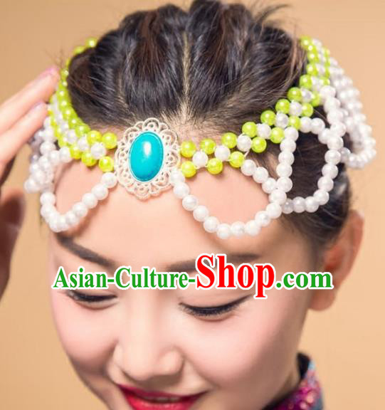 Chinese Traditional Mongol Ethnic Hair Accessories, Mongolian Minority Folk Dance Green Beads Tassel Headwear for Women
