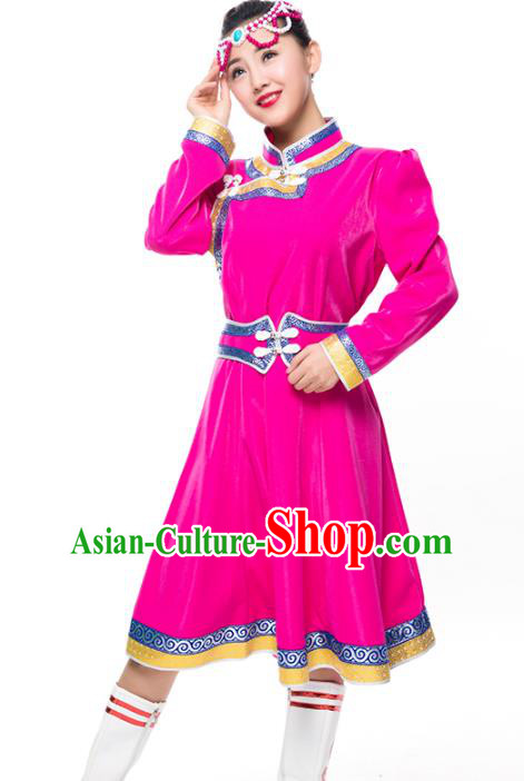 Chinese Traditional Female Ethnic Costume Rosy Mongolian Robe, China Mongolian Minority Folk Dance Clothing for Women