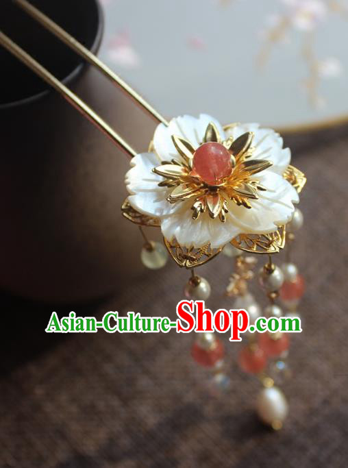 Chinese Ancient Handmade Shell Flower Hair Clip Classical Hair Accessories Hanfu Pearls Hairpins for Women