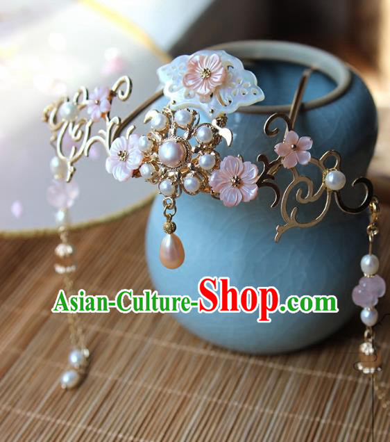 Chinese Ancient Handmade Tassel Step Shake Classical Hair Accessories Hanfu Shell Pearls Hairpins for Women
