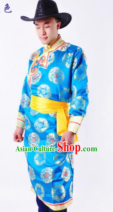 Chinese Mongol Nationality Costume Blue Mongolian Robe Traditional Mongolian Minority Folk Dance Clothing for Men
