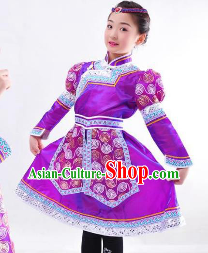 Chinese Mongol Nationality Costume Purple Mongolian Robe Traditional Mongolian Minority Dress for Kids