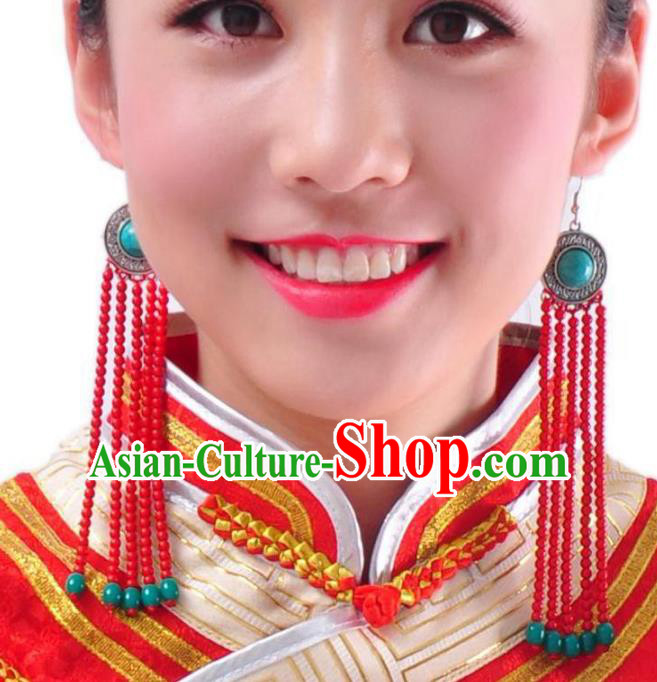 Chinese Handmade Mongol Nationality Accessories Mongolian Red Beads Tassel Earrings for Women