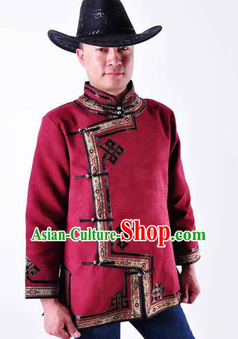 Chinese Mongol Nationality Costume Traditional Mongolian Minority Folk Dance Purplish Red Coat for Men