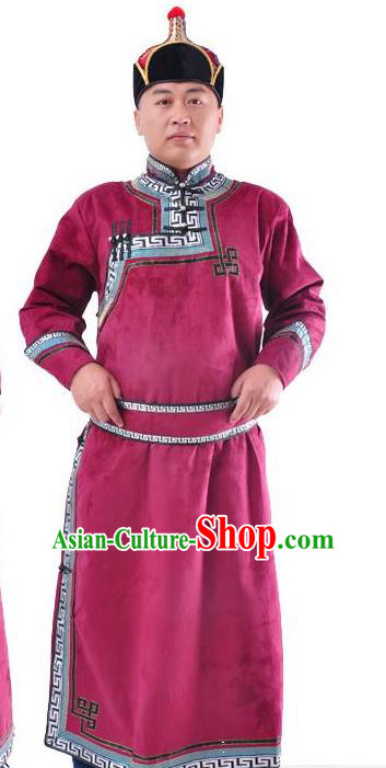 Chinese Mongol Nationality Costume Traditional Mongolian Minority Folk Dance Wine Red Mongolian Robe for Men