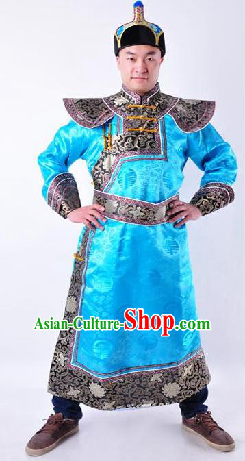 Chinese Mongol Nationality Costume Traditional Mongolian Royal Highness Blue Mongolian Robe for Men