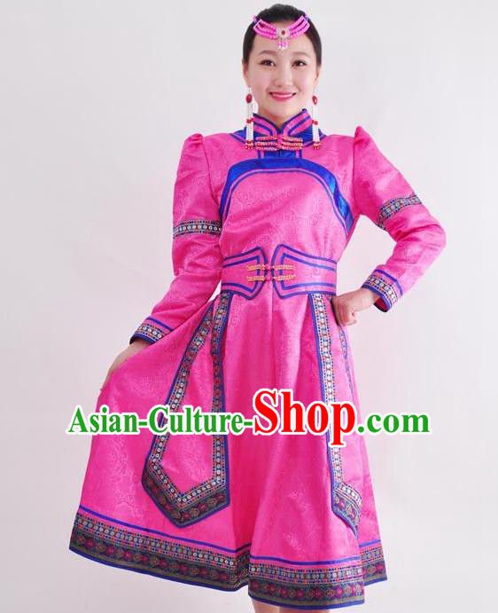 Chinese Mongol Nationality Folk Dance Rosy Dress Costume Traditional Mongolian Minority Clothing for Women