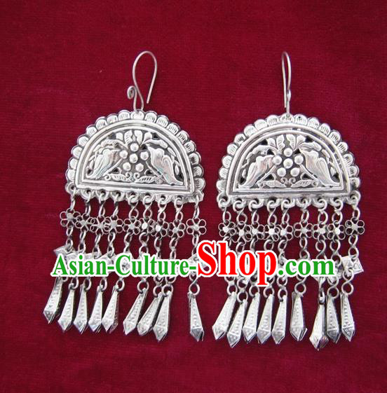 Chinese Handmade Miao Nationality Jewelry Accessories Hmong Sliver Carving Birds Earrings for Women