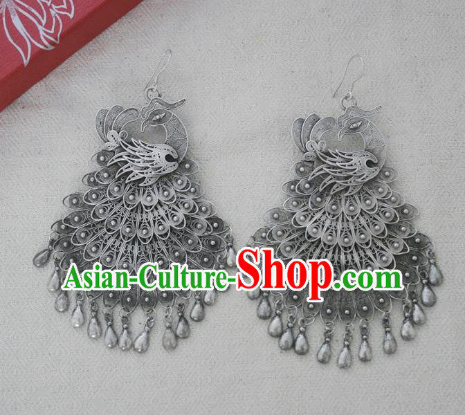 Chinese Handmade Miao Nationality Jewelry Accessories Sliver Phoenix Earrings for Women