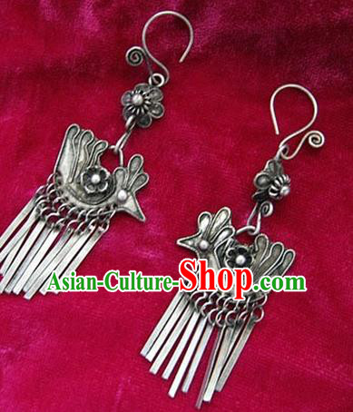 Chinese Handmade Miao Nationality Eardrop Jewelry Accessories Hmong Sliver Phoenix Earrings for Women
