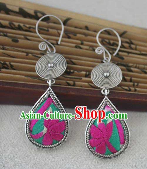 Chinese Handmade Miao Sliver Eardrop Hmong Nationality Embroidered Pink Lotus Earrings for Women