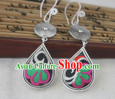 Chinese Handmade Miao Sliver Eardrop Hmong Nationality Embroidered Earrings for Women