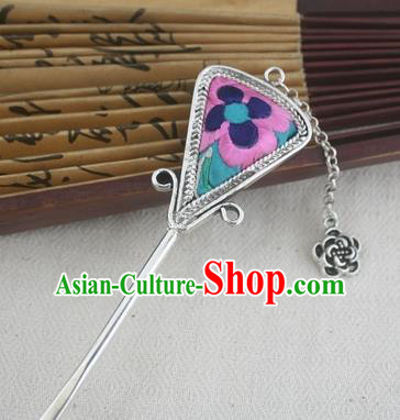 Traditional Chinese Miao Nationality Sliver Tassel Hair Clip Hanfu Embroidered Pink Hairpins Hair Accessories for Women