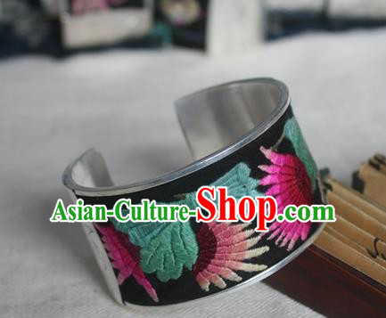 Chinese Miao Sliver Ornaments Bracelet Traditional Hmong Handmade Sliver Embroidered Black Bangle for Women