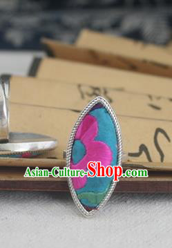 Chinese Traditional Miao Sliver Ornaments Willow Leaf Ring Traditional Hmong Embroidered Blue Rings for Women