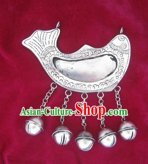 Chinese Miao Sliver Ornaments Carving Fish Necklace Traditional Hmong Necklet Pendant for Women