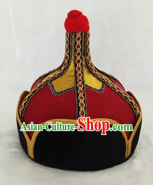Chinese Traditional Mongol Stage Performance Red Hats, Mongolian Folk Dance Headwear for Men