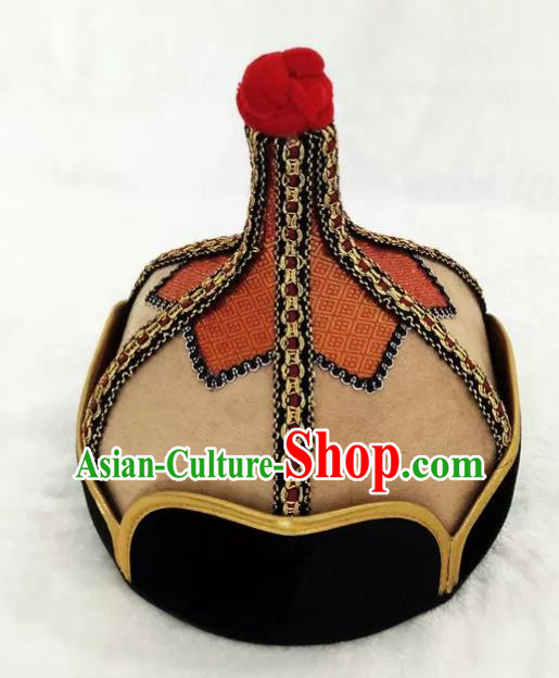 Chinese Traditional Mongol Stage Performance Khaki Hats, Mongolian Folk Dance Headwear for Men