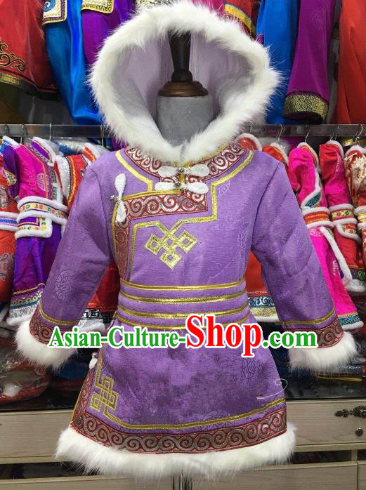 Chinese Traditional Girls Purple Mongolian Robe, China Mongolian Minority Folk Dance Ethnic Costume for Kids