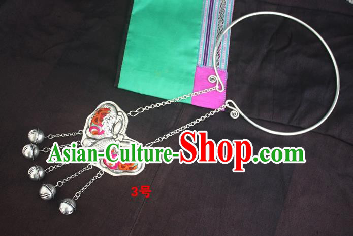 Traditional Chinese Miao Sliver Carving Butterfly Necklace Hmong Ornaments Embroidered Longevity Lock for Women