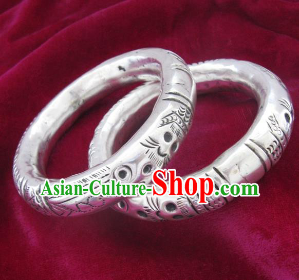 Handmade Chinese Miao Nationality Carving Dragon Bracelet Traditional Hmong Sliver Bangle for Women