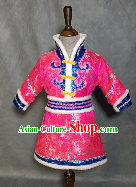 Chinese Traditional Mongol Nationality Pink Mongolian Robe, China Mongolian Minority Folk Dance Ethnic Costume for Kids