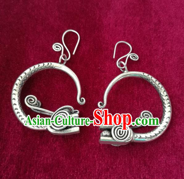 Chinese Miao Sliver Traditional Dragon Head Earrings Hmong Ornaments Minority Headwear for Women