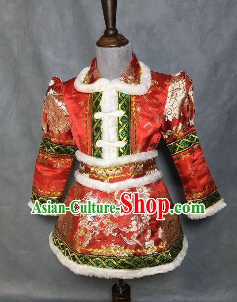 Chinese Traditional Mongol Nationality Red Robe, China Mongolian Minority Folk Dance Ethnic Costume for Kids