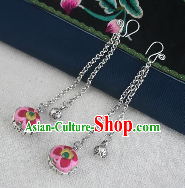 Traditional Chinese Miao Sliver Embroidered Pink Earrings Hmong Ornaments Minority Headwear for Women