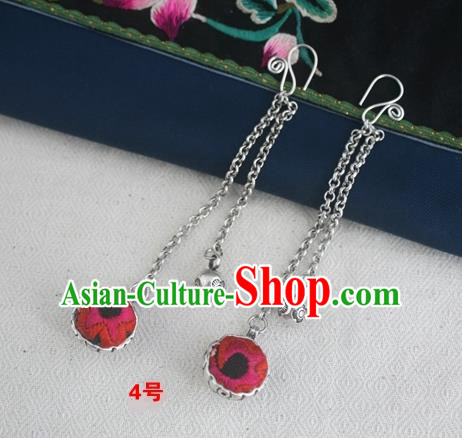 Traditional Chinese Miao Sliver Embroidered Rosy Earrings Hmong Ornaments Minority Headwear for Women