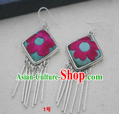 Chinese Traditional Miao Sliver Embroidered Earrings Hmong Ornaments Accessories Minority Eardrop for Women