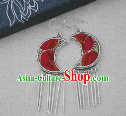 Chinese Traditional Miao Sliver Moon Earrings Hmong Ornaments Accessories Minority Embroidered Eardrop for Women