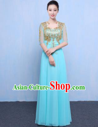 Top Grade Chorus Singing Group Modern Dance Embroidered Blue Dress, Compere Classical Dance Costume for Women