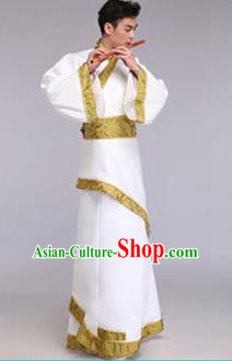 Traditional Chinese Ancient Scholar Costume Han Dynasty Minister Hanfu White Curving-front Robe for Men