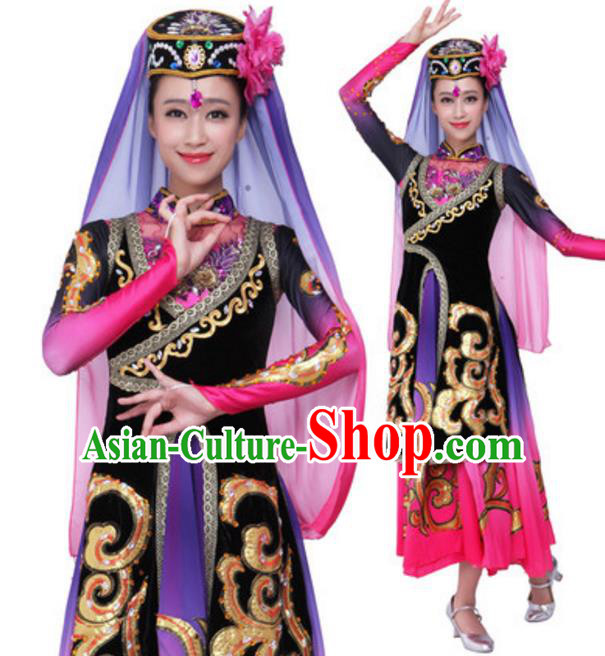 Traditional Chinese Uyghur Nationality Black Dress, Uigurian Minority Folk Dance Ethnic Costume and Hat for Women